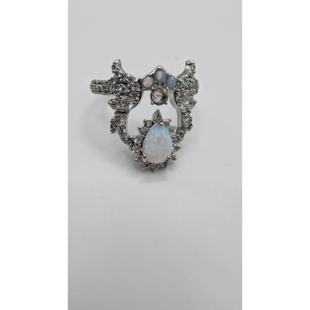 Elegant Opal and Crystal Silver Ring Size 9